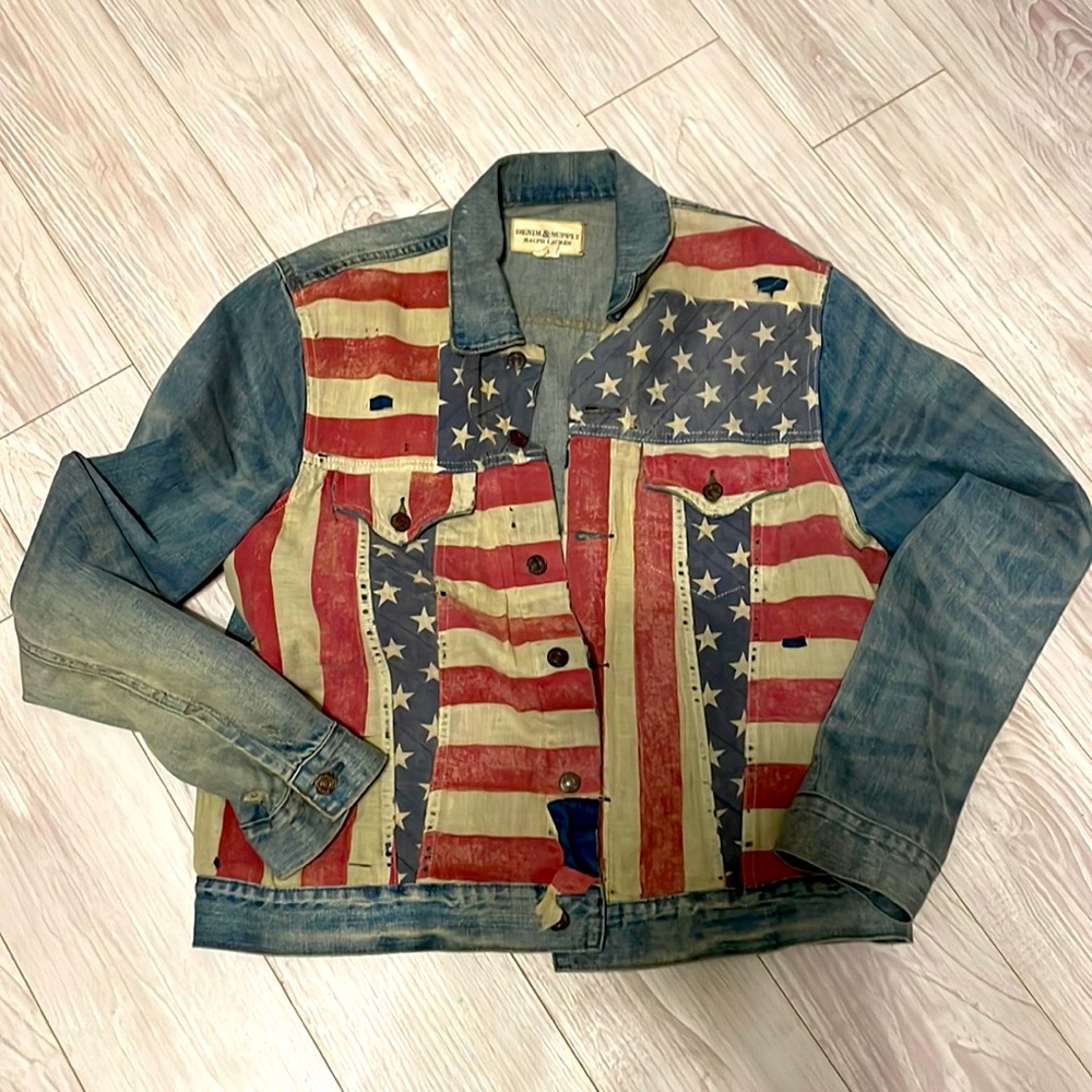 Ralph Lauren Denim & Supply Acadia Distressed American Flag Trucker Jacket